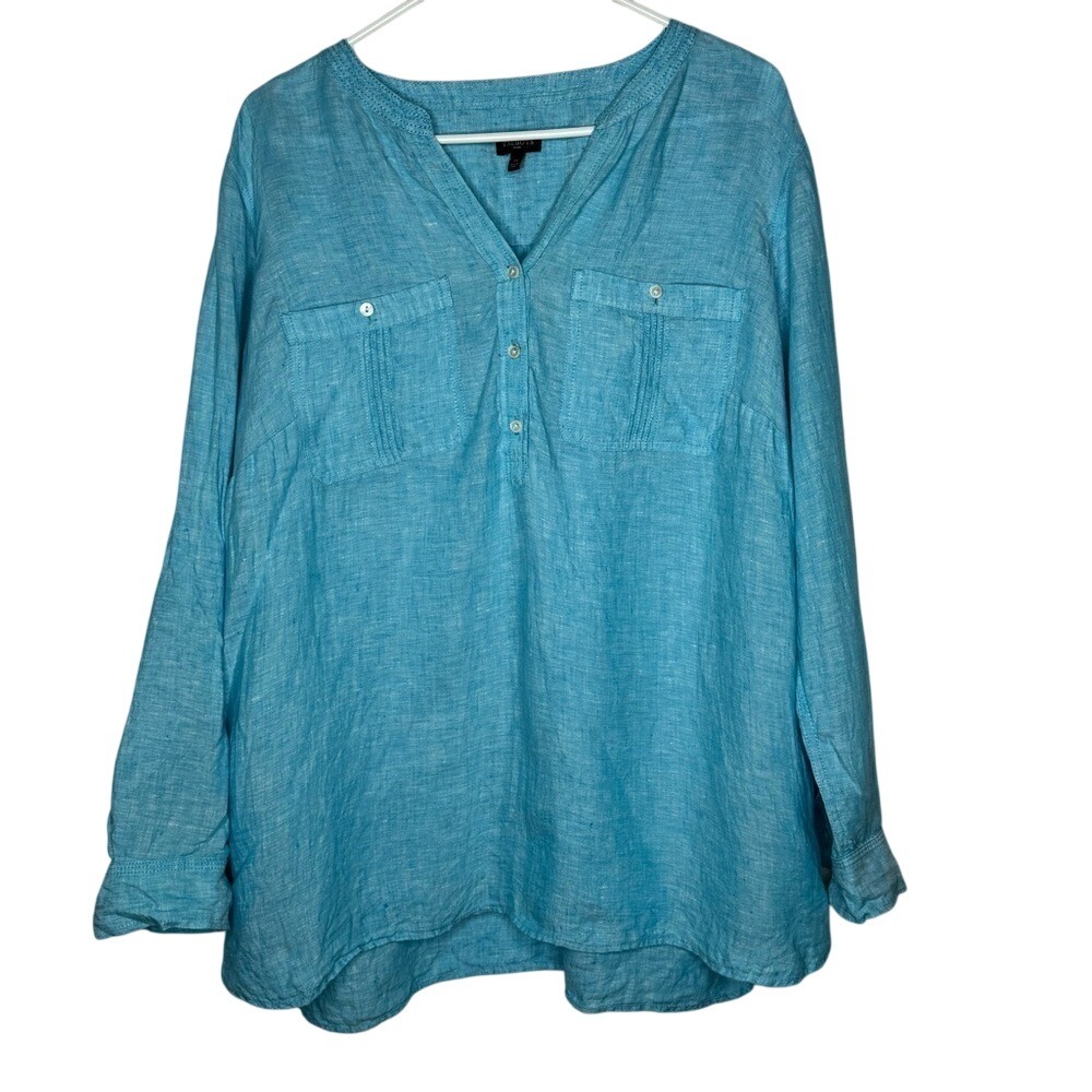 Talbots Women Blue Linen Pintuck Popover Blouse Coastal Minimalist Beachy Casual